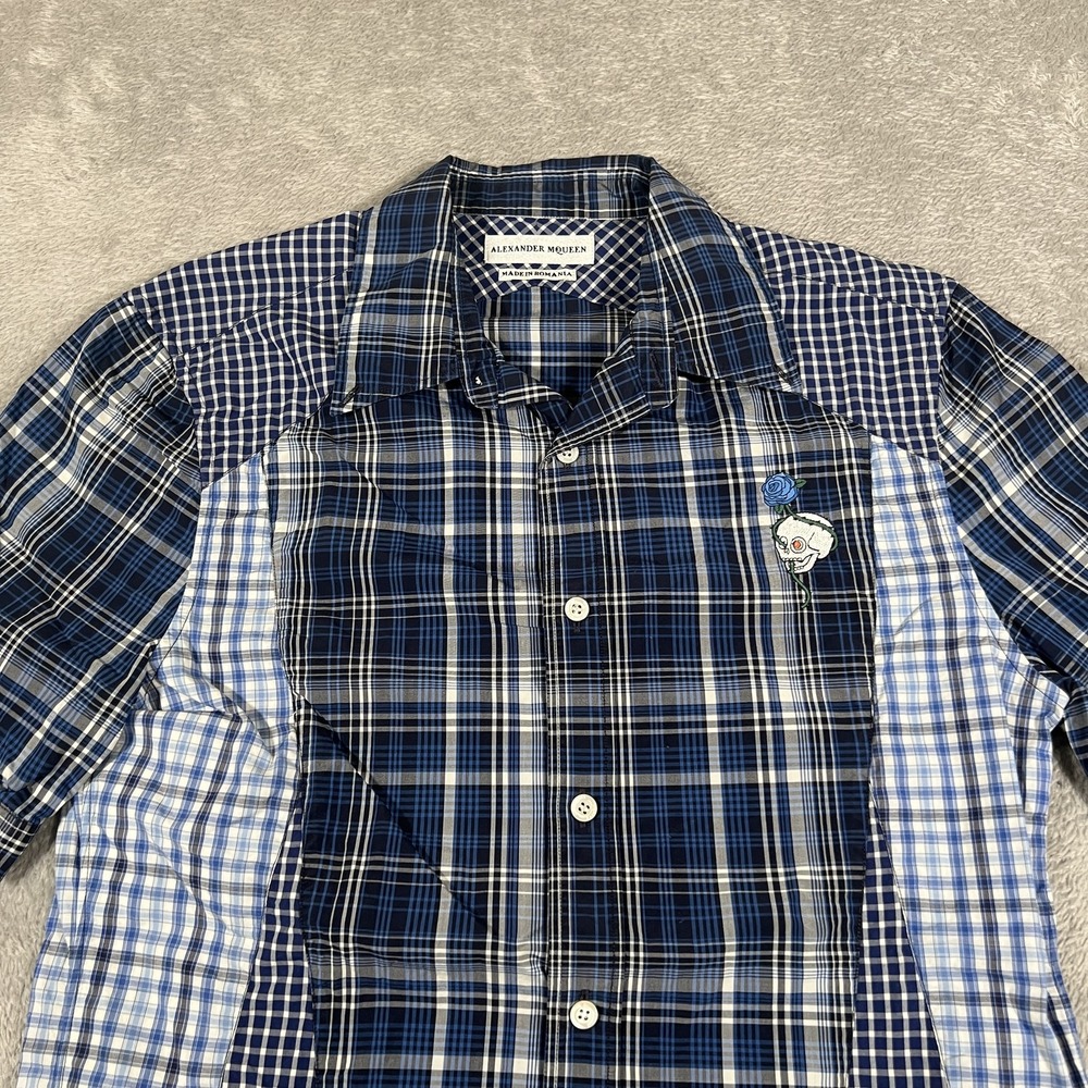 Alexander McQueen Shirt‎ Mens Small Blue Patchwork Plaid Embroidered Rose Clown